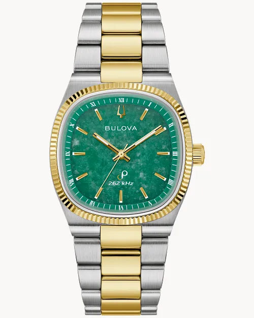 The Bulova Watch - Super Seville Jade - 98A336 features a silver and gold two-tone design, jade dial, gold markers and hands, fluted bezel, and "262 kHz" at 6 o'clock to showcase its Precisionist movement.