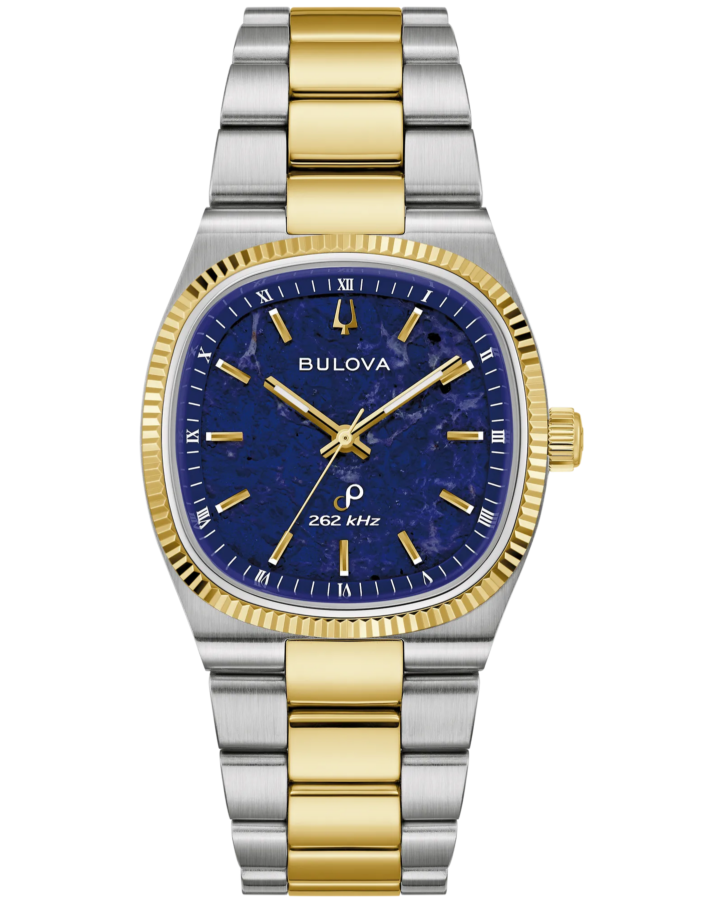 The Time Square Clock Shop Bulova Watch - Super Seville Sodalite 98A337 features a blue sodalite dial, gold Roman numerals and hands, silver and gold metal band, gold bezel and crown, plus 262 kHz above 6 o'clock.