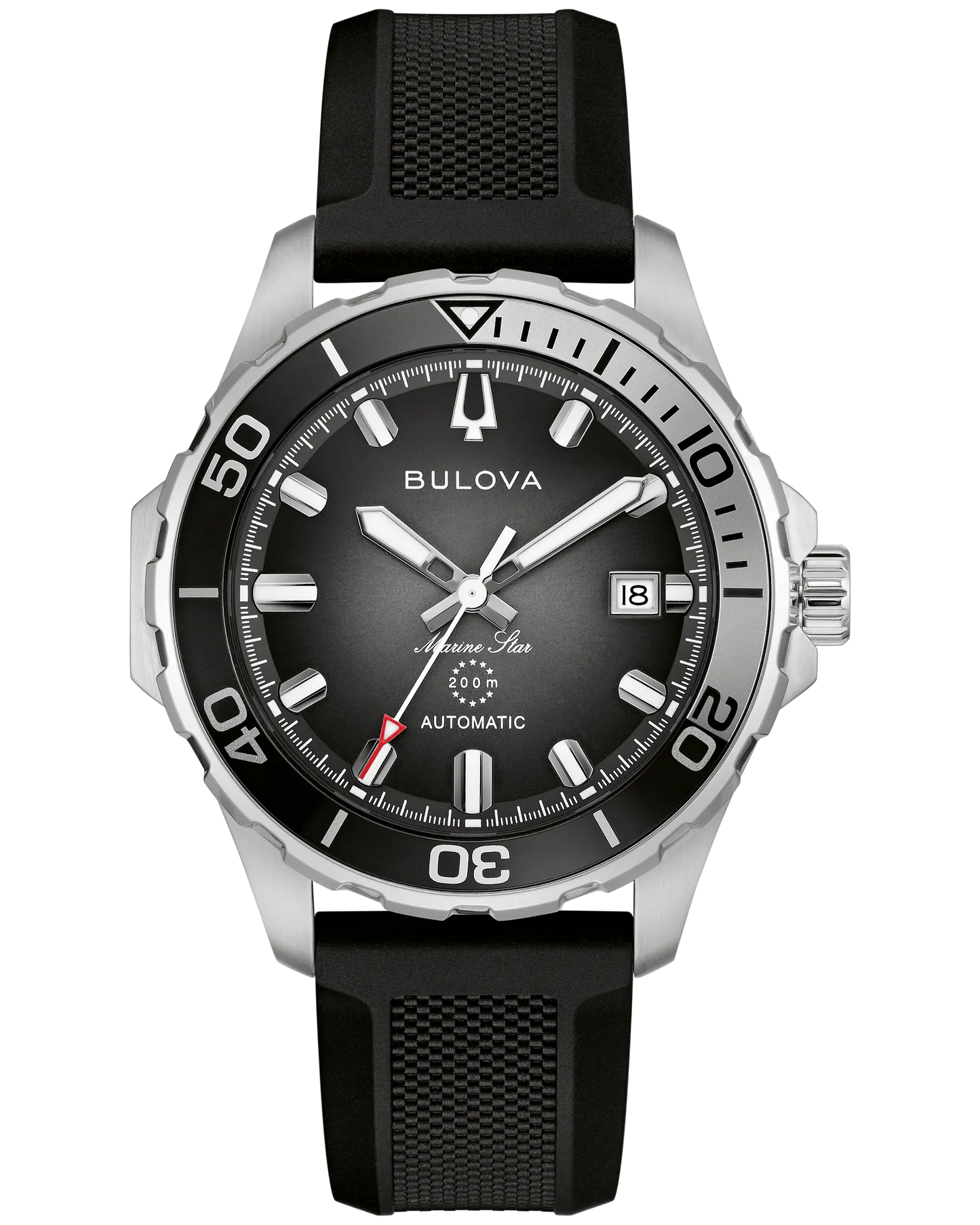 The Bulova Marine Star Series B 98B465 men’s dive watch features a black dial, silver markers, date at 3 o’clock, black rotating bezel with white numerals, and a textured black rubber strap with automatic movement.