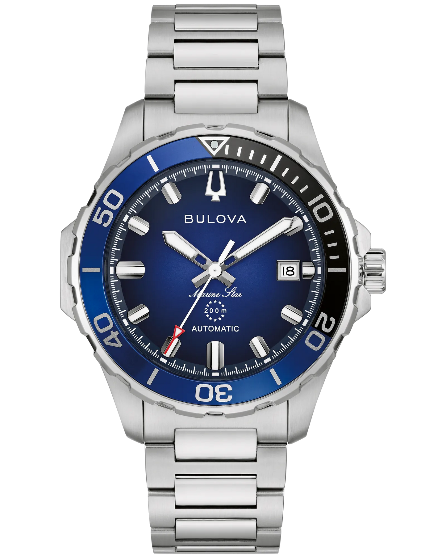 The Bulova Marine Star 98B466 men’s watch features a stainless steel case, blue/black bezel, blue gradient dial with silver markers, automatic movement, date at 3 o’clock, luminous hands and markers, on a silver metal bracelet.