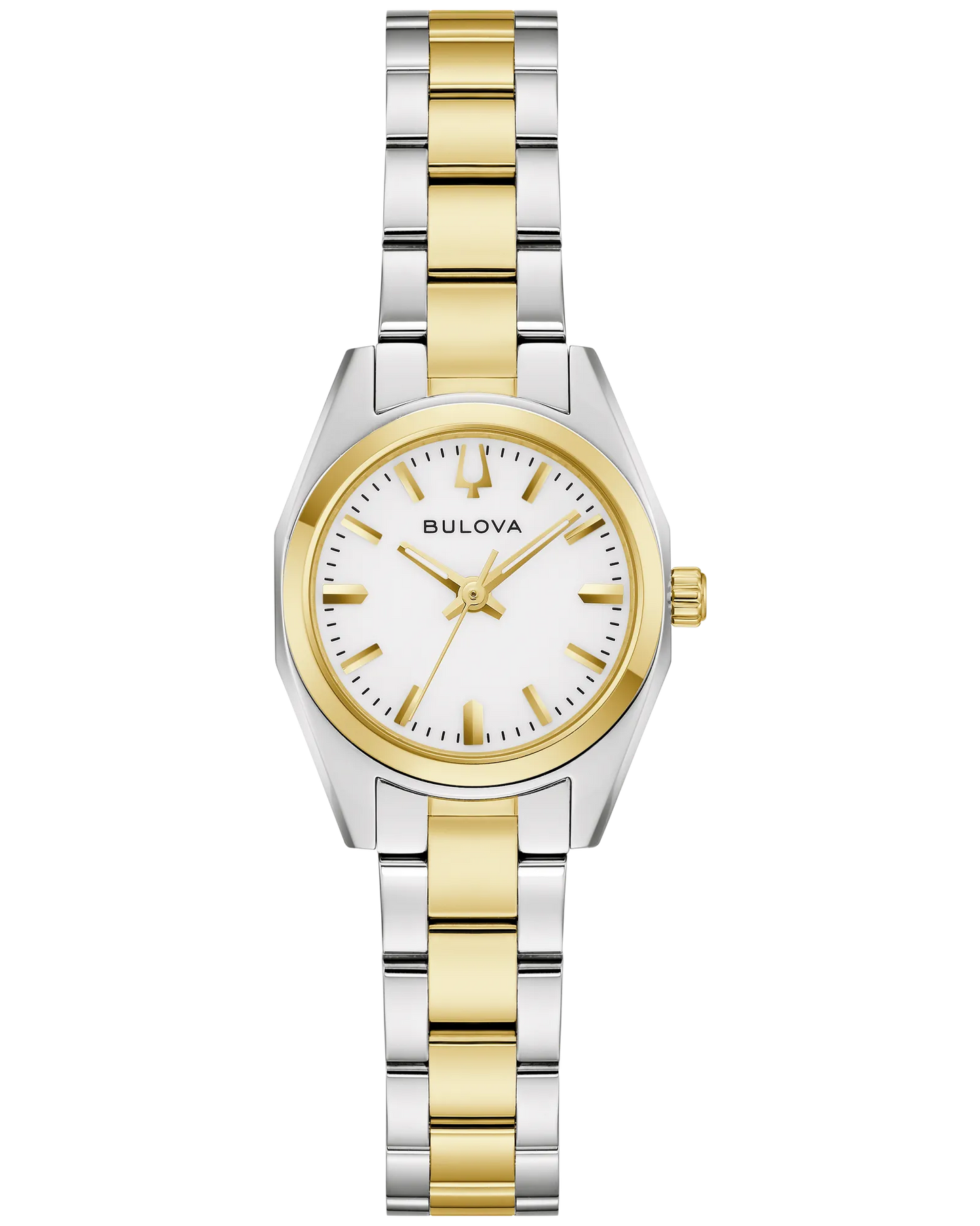 The Bulova Watch - Surveyor - 98L331 is a ladies’ wristwatch with a two-tone stainless steel band, round white dial, gold markers and hands, sapphire crystal, and "Bulova" on the face for timeless style.