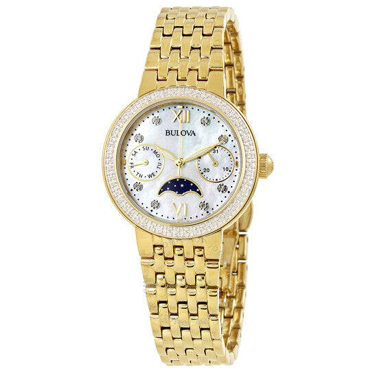 The Bulova Watch - Mother of Pearl Dial - 98R224 for women features a gold-tone metal link band, white mother of pearl dial with Roman numerals, three subdials, and a diamond-set bezel.