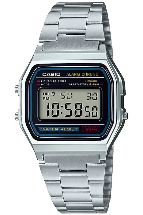 The Casio Watch - Vintage - A158WA-1CR by VLC Distribution Co. features a rectangular face showing 10:58:50, alarm, chrono, water resistance, and a durable stainless steel band.