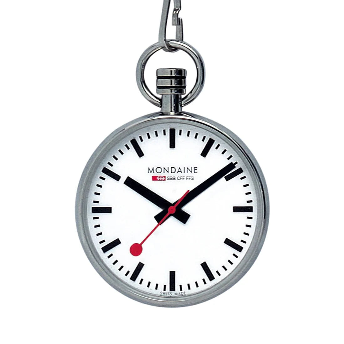 The Mondaine Classic Pocket Watch (A660.30316.11SBB) features a silver case, white dial, black hour and minute hands, a red second hand, bold black hour markers, and comes attached to a short chain.