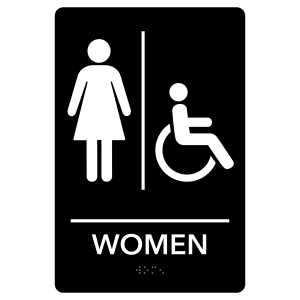 The JDS Braille Sign Blk/Wht - WOMEN RESTROOM (ADA123) is a black ADA sign from JDS with white icons of a woman and wheelchair, separated by a line, and "WOMEN" in bold letters below.