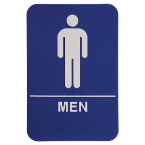 The JDS - Braille Sign Blue/Wht MEN RESTROOM - ADA205 by JDS is a blue ADA menβs restroom sign with a white male icon and βMENβ text, meeting Kota Pro standards.