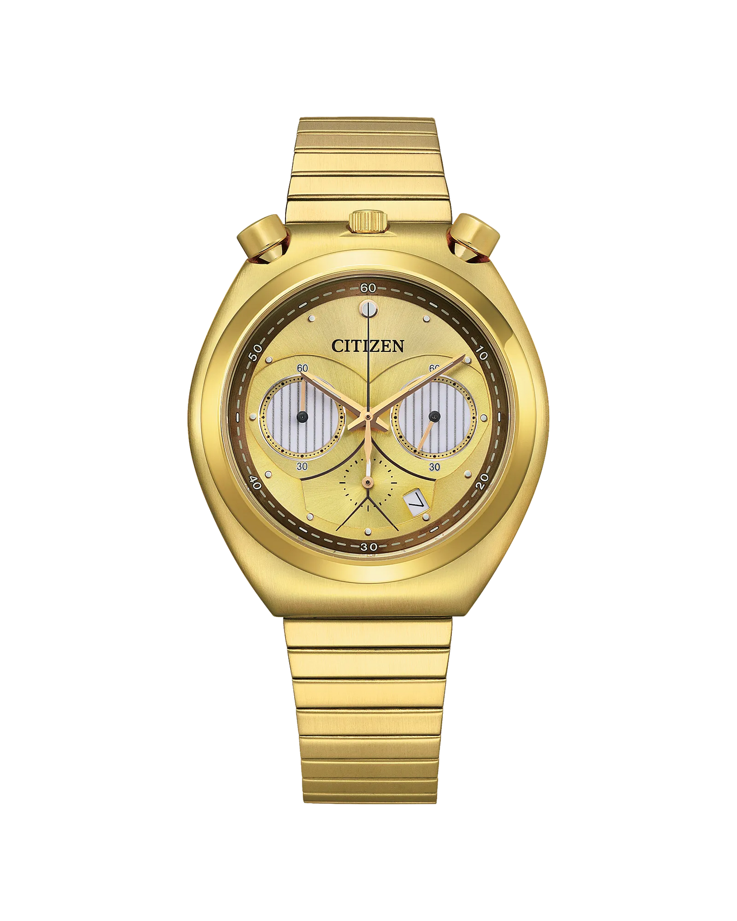 The Citizen Watch - C-3PO Rewired (AN3662-51W) by Citizen features a gold metallic band, yellow dial, two subdials, and prominent push buttons on either side of the crown, shown against a white background.