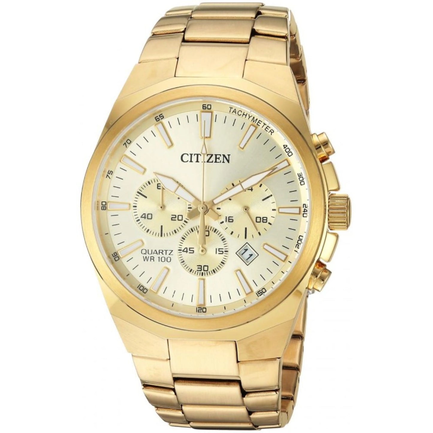 The Citizen Quartz Watch - AN8172-53P is a gold men’s chronograph with a metal band, three subdials, date window, tachymeter bezel markings, and luminous hands and hour markers.