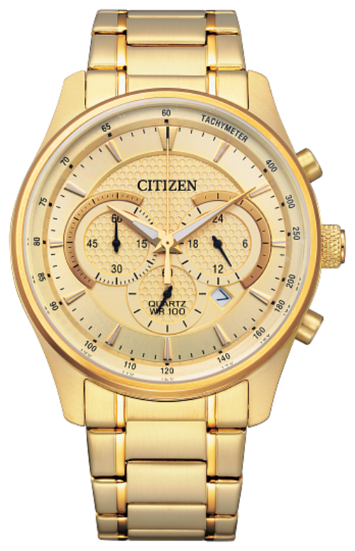 The Citizen Quartz Watch - Mens Quartz - AN8192-56P features a gold-tone stainless steel case, metal band, three subdials, tachymeter markings, and reliable quartz movement. Its textured gold face displays clear hour, minute, and second hands.