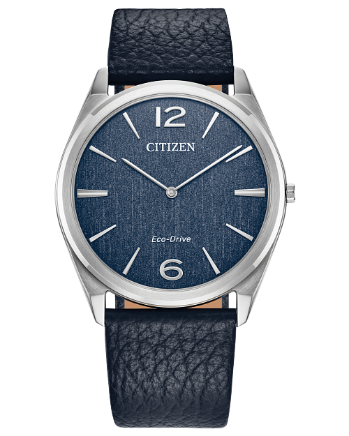 The Citizen Watch Suratto Blue Dial Classic Collection AR3120-08L features a blue textured dial, silver hour markers, numbers 12 and 6, sleek silver hands, a stainless steel case, and a blue leather strap.