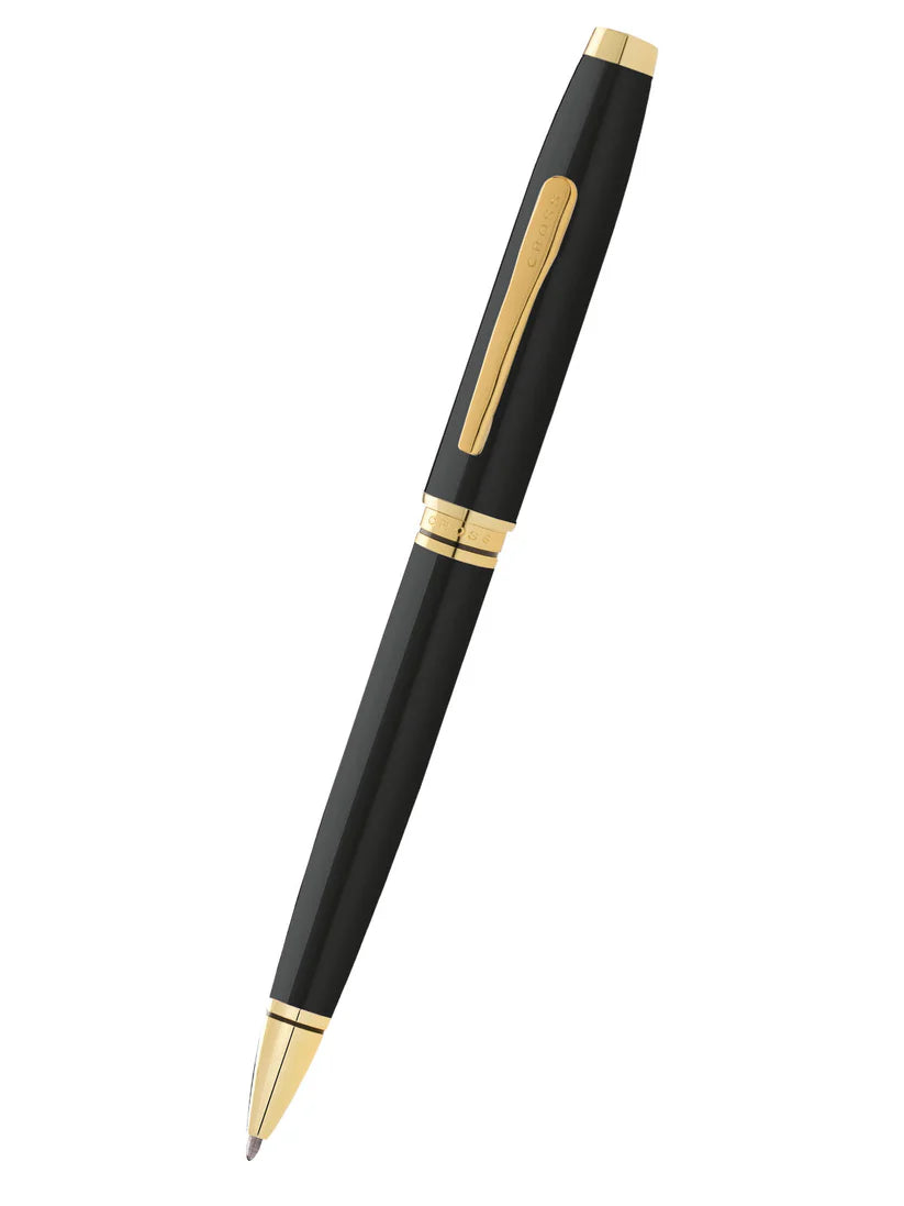 The Cross Coventry Black Pen (AT0662-11) by Cross features elegant gold-tone appointments on the clip, tip, and cap, creating a luxurious contrast with its black finish.