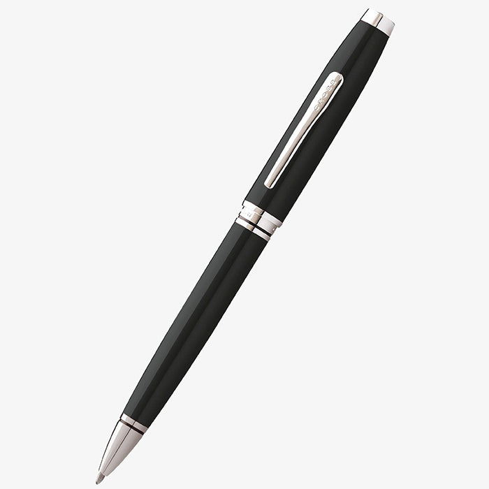 The Cross Coventry Black Lacquer Pen (AT0662-6) features a sleek black lacquer finish with silver accents, a silver clip, and a tapered tip, showcased against a plain white background.