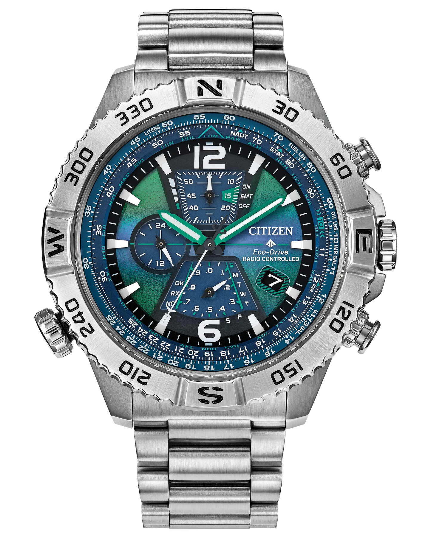 The Citizen Promaster Navihawk A-T (AT8220-55W) is a silver wristwatch with a metallic band, blue and green face, multiple subdials, compass bezel, and atomic timekeeping.