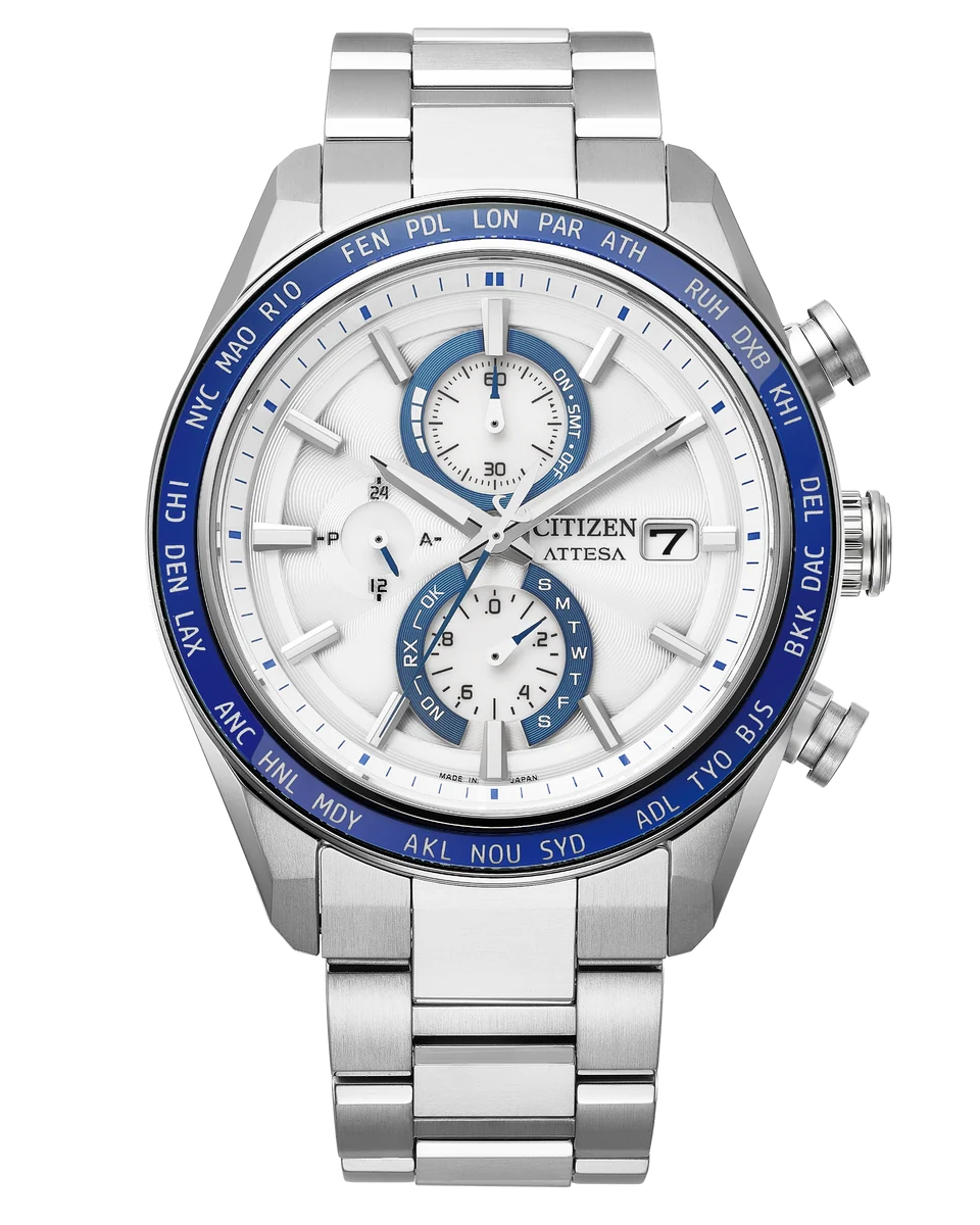 The Citizen Watch - ATTESA White Dial Super Titanium (AT8296-53A) by Citizen is a sophisticated wristwatch crafted in Super Titanium, featuring a sleek white dial with blue accents, three subdials, a date window, and a world time bezel showcasing major cities. Powered by Eco-Drive Atomic Timekeeping technology for outstanding precision and reliability, this refined timepiece seamlessly combines advanced innovation with timeless elegance.