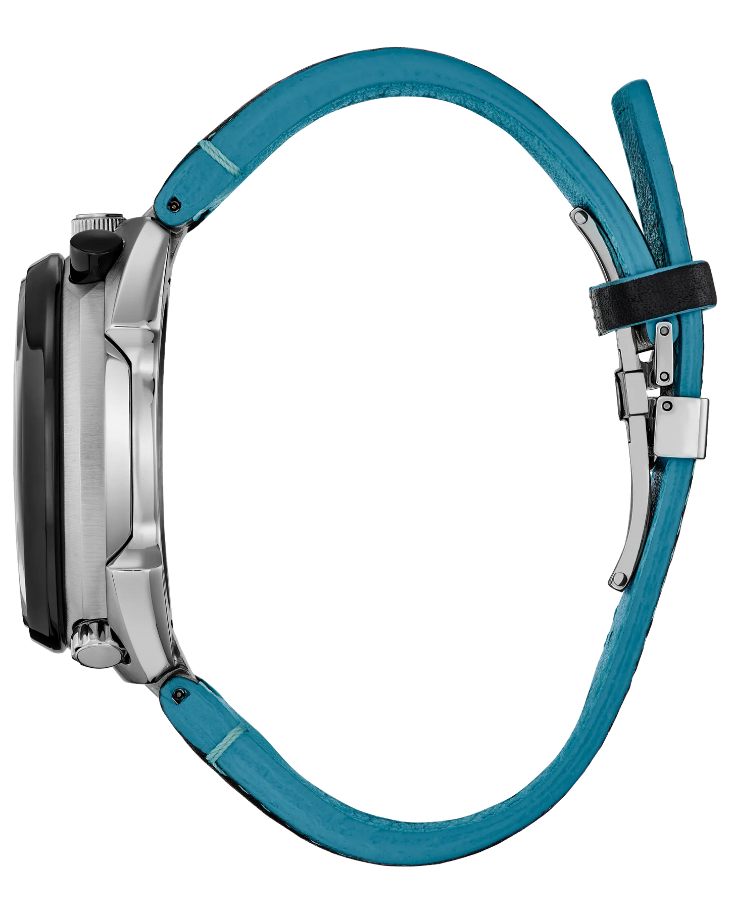 A side view of the Citizen Promaster Tsuno Chrono Racer (AV0106-01L) shows its limited edition silver case, bright blue leather strap, and metal clasp and buckle, all displayed on a white background.