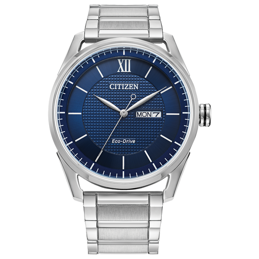 The Citizen Watch - Mens Classic Collection (AW0081-54L) features a blue textured dial, silver markers and hands, day/date display at 3 o’clock, and a sleek metal link band.
