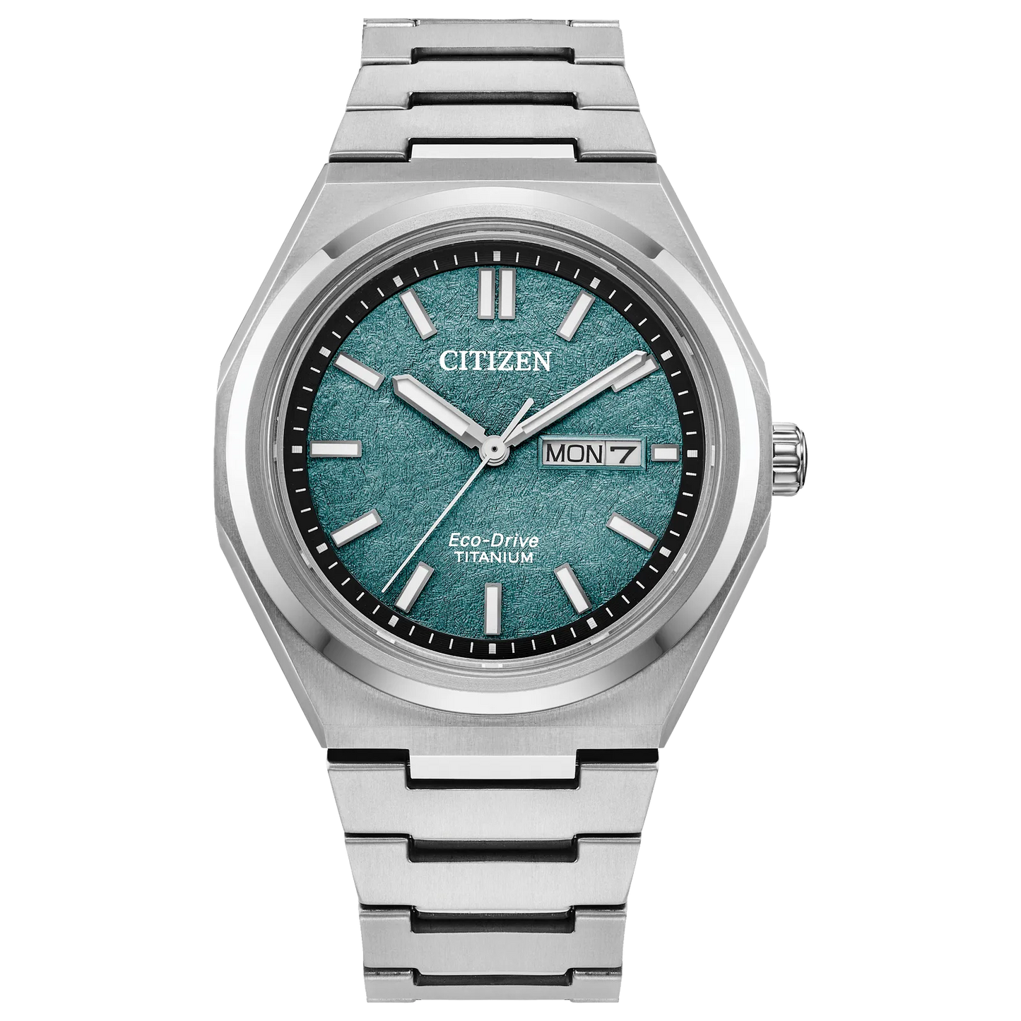 The Citizen Watch - Zenshin Three-hand (AW0130-85X) features Super Titanium, an Eco-Drive movement, a textured teal dial with silver markers and hands, day-date display at 3 o’clock, and a sleek silver metal bracelet.