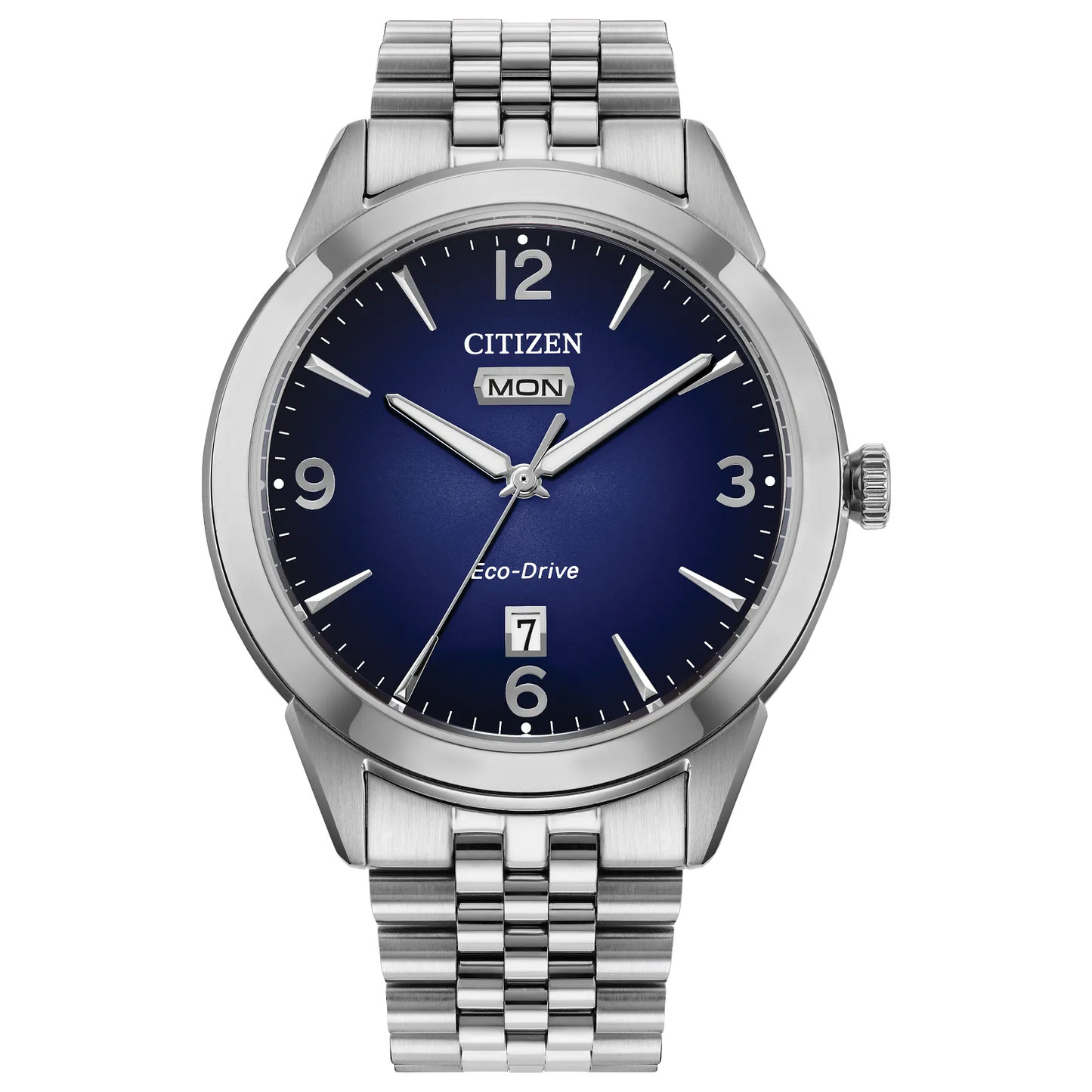The Citizen Watch - Rolan - AW0150-53L by Citizen features a blue face, silver hour markers and hands, stainless steel bracelet, and displays both the day and date in a vintage-inspired design.