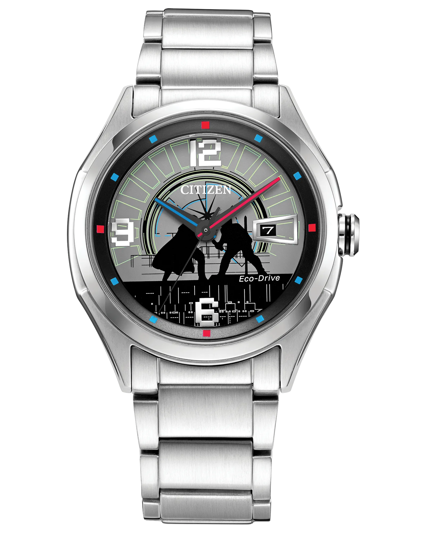 The Citizen Watch - Duel Star Wars - AW1140-51W features silhouettes of Darth Vader and Luke Skywalker dueling on the dial, a date display at 3 o’clock, and Eco-Drive technology—a must-have for any Star Wars fan.