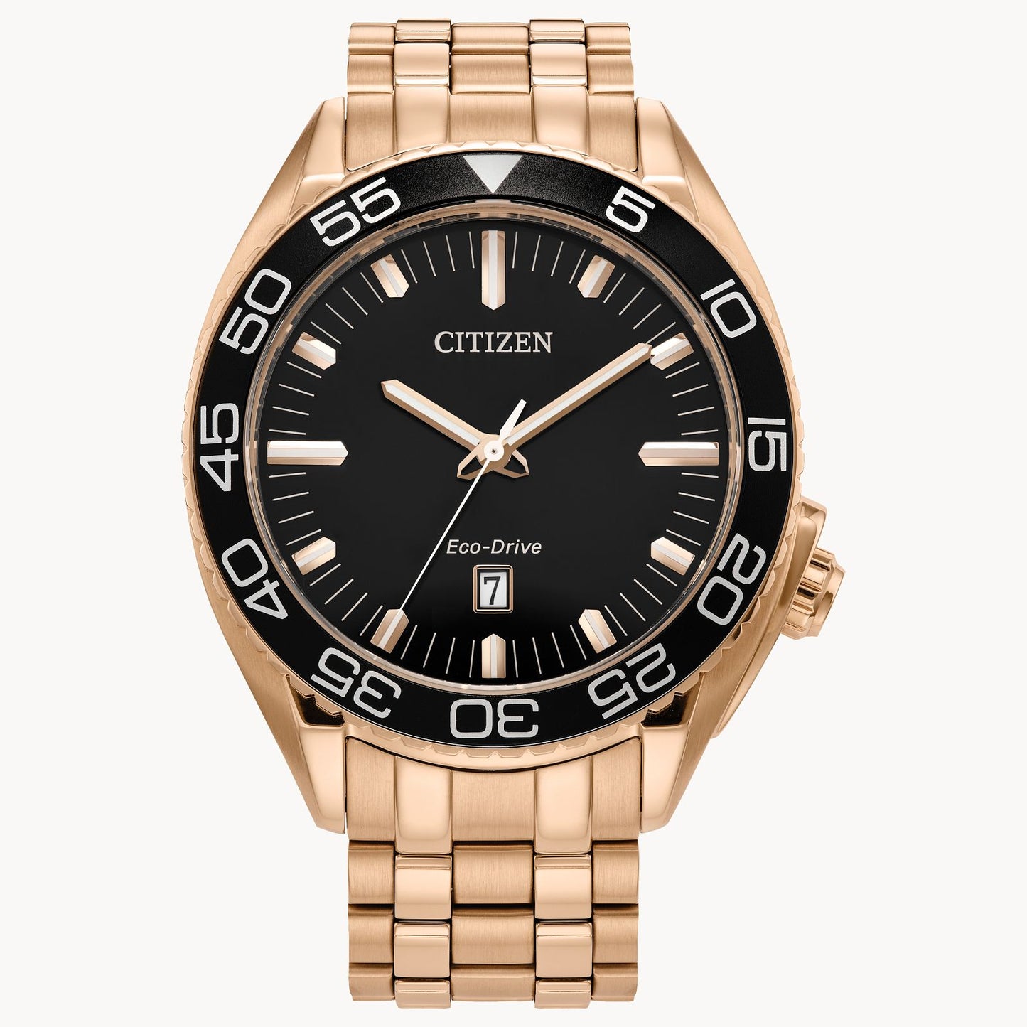 The Citizen Watch - Carson AW1773-55E is a luxury men's timepiece with a rose gold-tone stainless steel link band, black dial with white hour markers, rotating black bezel, and a date display at 3 o'clock.