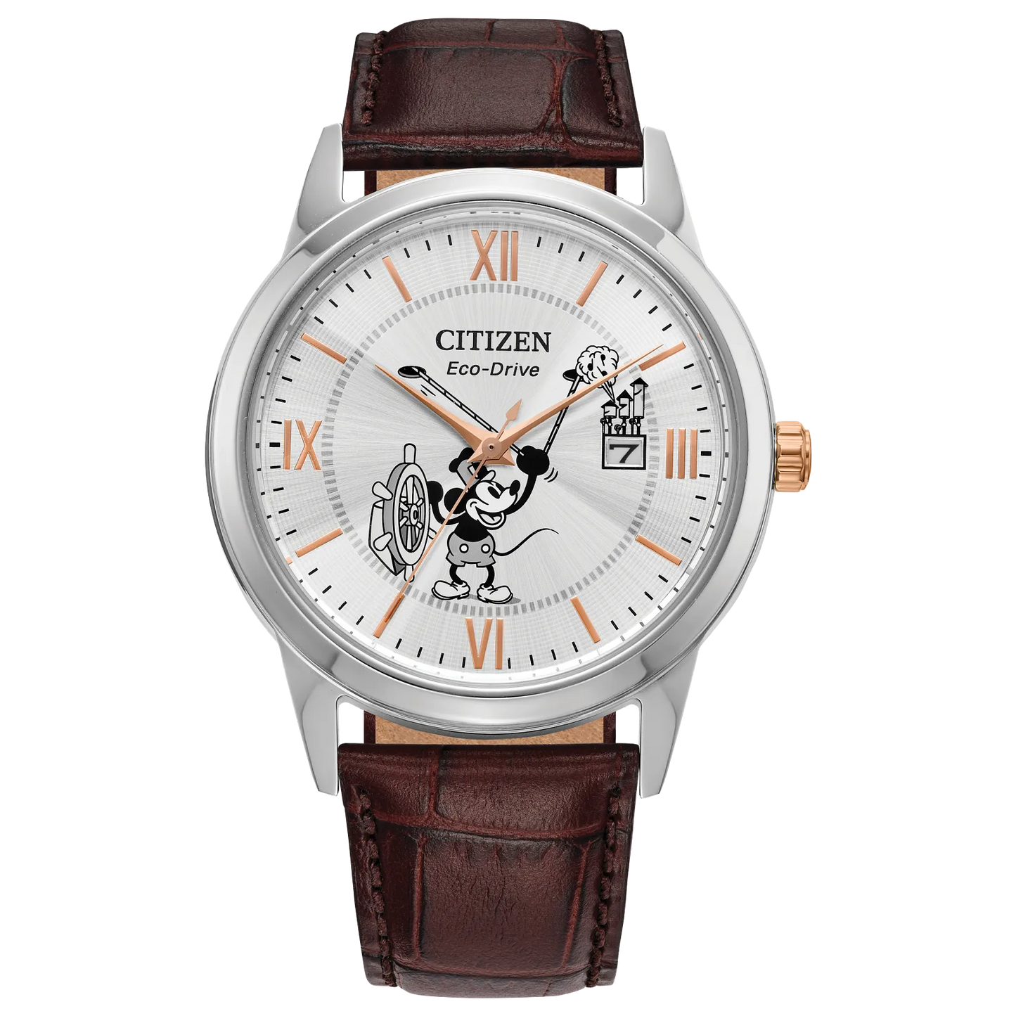 The Citizen Watch - Mickey Mouse Eco (AW1788-07W) by Citizen features a brown leather strap, silver case, and dial with Steamboat Willie 1928's Mickey Mouse at the helm, plus gold Roman numeral markers for a charming Disney touch.