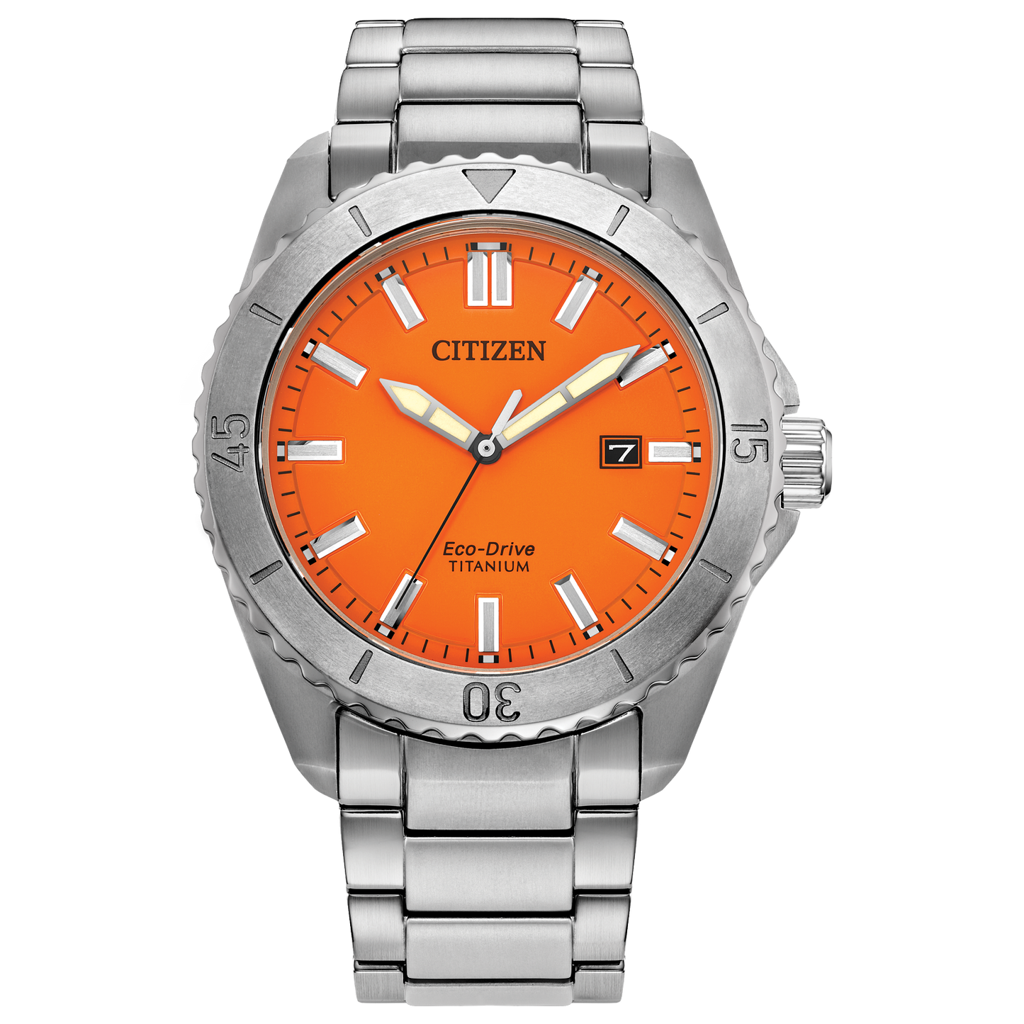 The Citizen Brycen Super Titanium (AW1840-50X) features a silver-tone case and link band, striking orange dial, sapphire crystal, silver markers and hands, Eco-Drive tech, and a date window at 3 o’clock.