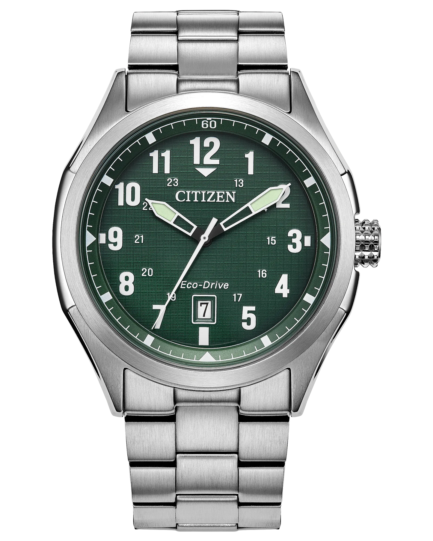 The Citizen Watch Terra Force AW1890-51X features a green dial with white numerals, silver hands, a date window at 6 o’clock, Eco-Drive branding above it, and a stainless steel bracelet.