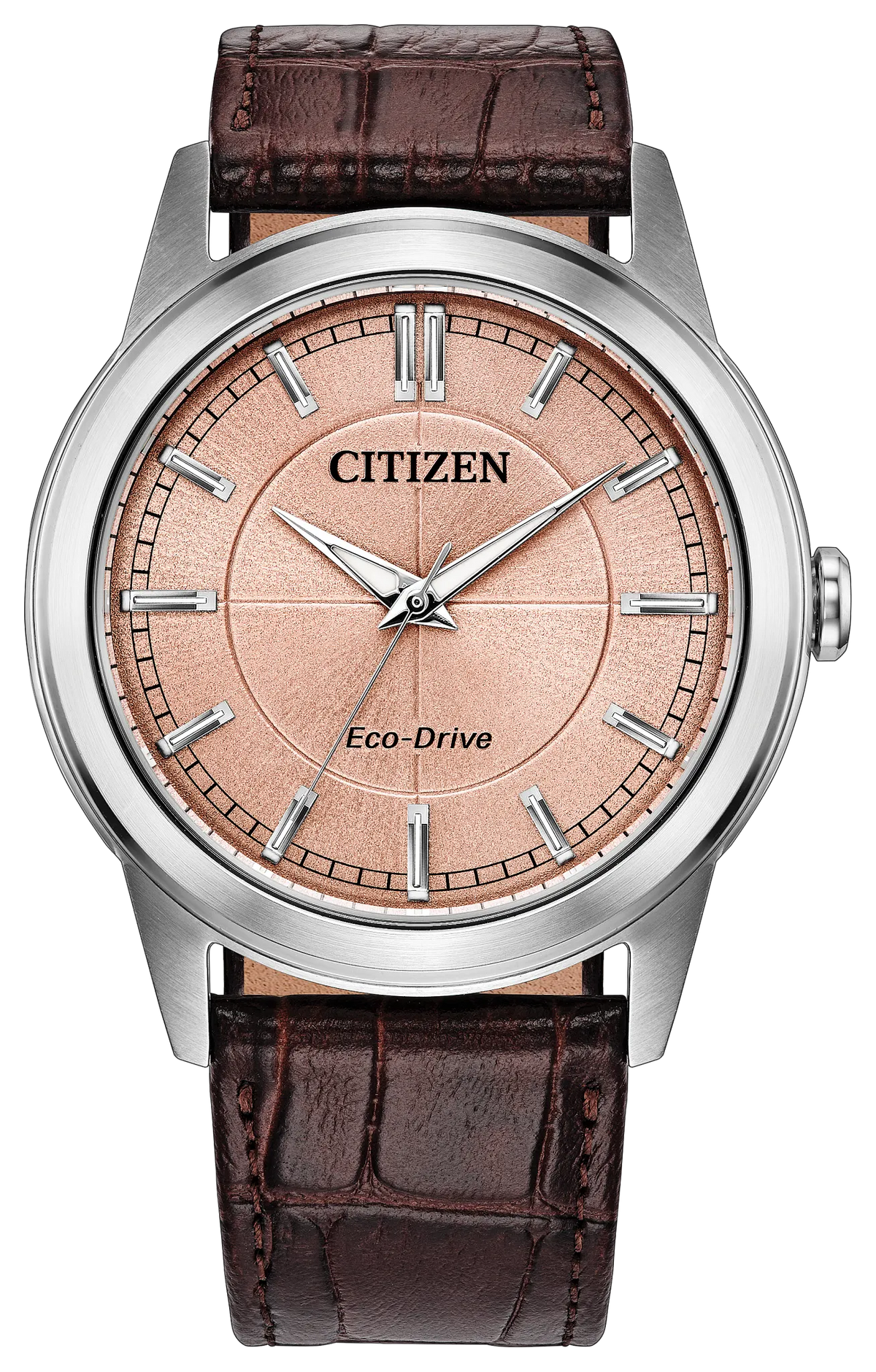 The Citizen Watch - Rolan (AW2110-14Z) by Citizen features a rose gold face, stainless steel case, silver hour markers, and a brown leather strap with a crocodile pattern. The watch displays the time as 10:08:37.