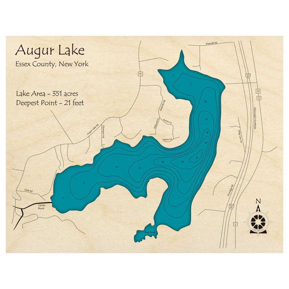 Lake Artβs 14" x 18" laser-carved wooden relief map depicts Auger Lake in Essex County, NY, with depth contours, roads, compass rose, and labels for lake area (351 acres) and max depth (21 ft)βa unique customizable Lake Map.