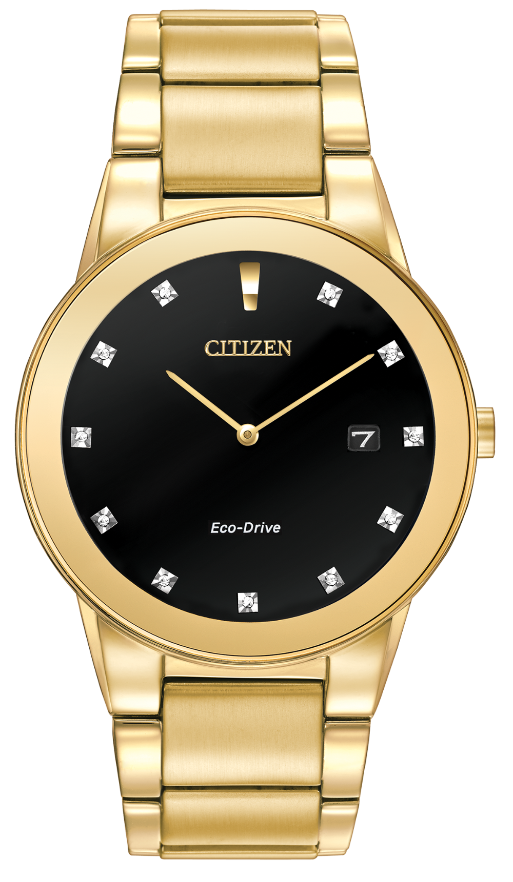 The Citizen Axiom AU1062-56G is a gold-tone stainless steel watch with a black dial, diamond hour markers, date at 3 o’clock, “Eco-Drive” above 6 o’clock, and an elegant gold-tone band and casing.