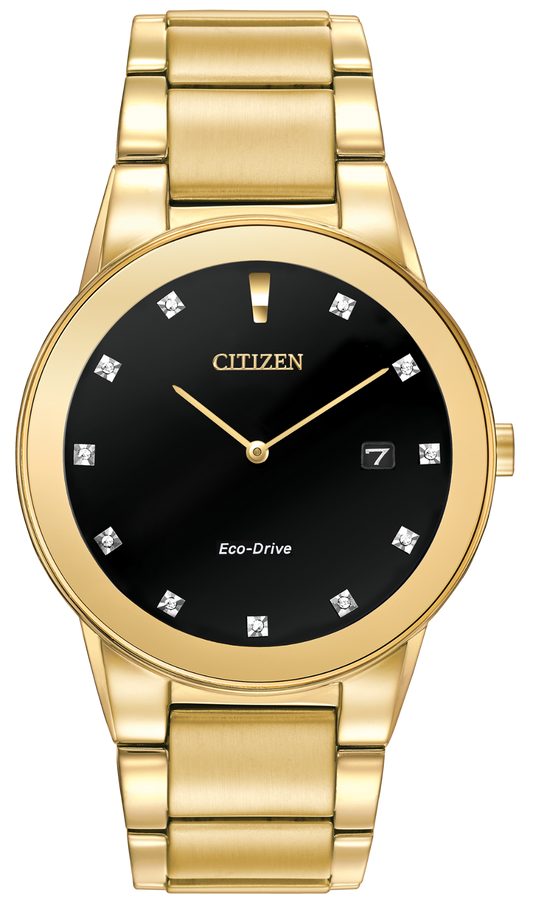 The Citizen Axiom AU1062-56G is a gold-tone stainless steel watch with a black dial, diamond hour markers, date at 3 o’clock, “Eco-Drive” above 6 o’clock, and an elegant gold-tone band and casing.