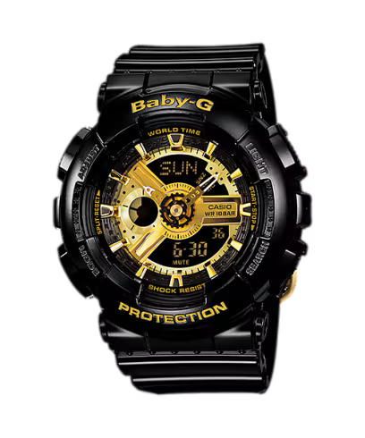 G-Shock Watch - Baby G - BA110-1A analog-digital sports watch in black with a gold-colored dial, multiple sub-dials, and gold lettering on the bezel.