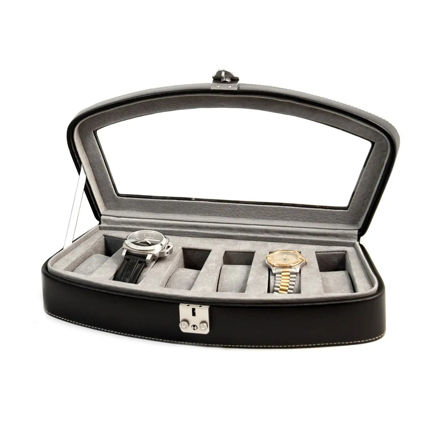 The BeyBerk Watch Box - Black Six Watch Box (BB520BLK) by Bey-berk features a black leather exterior, clear glass lid, gray interior, and six slots. Two slots hold watches—one black strap, one two-tone metal band—four are empty.