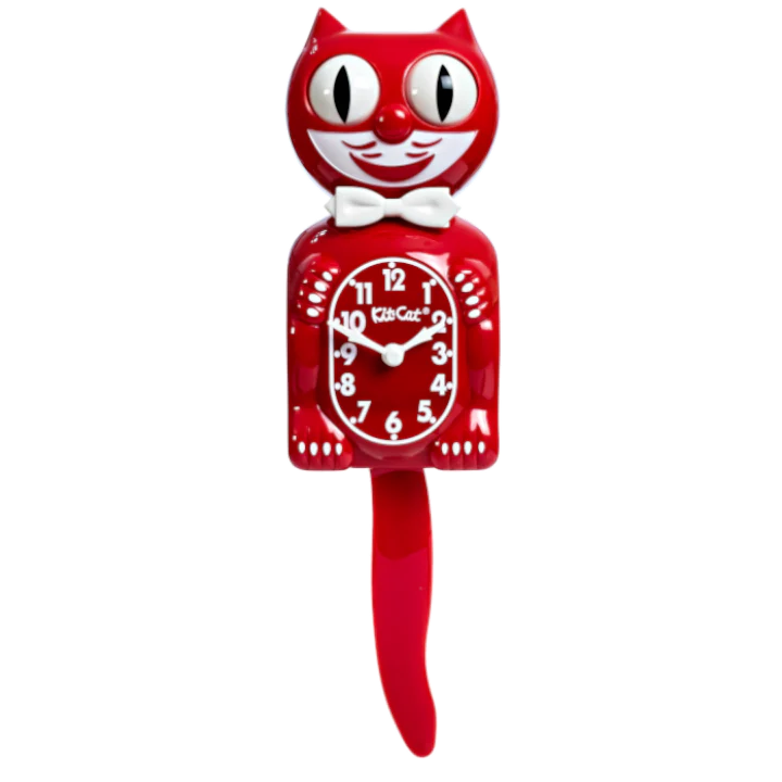 The California Clocks Kit-Cat Klock - Classic Red Gent (BC-58) is a 1950s-style red cat-shaped wall clock with a moving tail, big eyes, white numbers and hands, a bow tie, and "Kit-Cat" on the face.