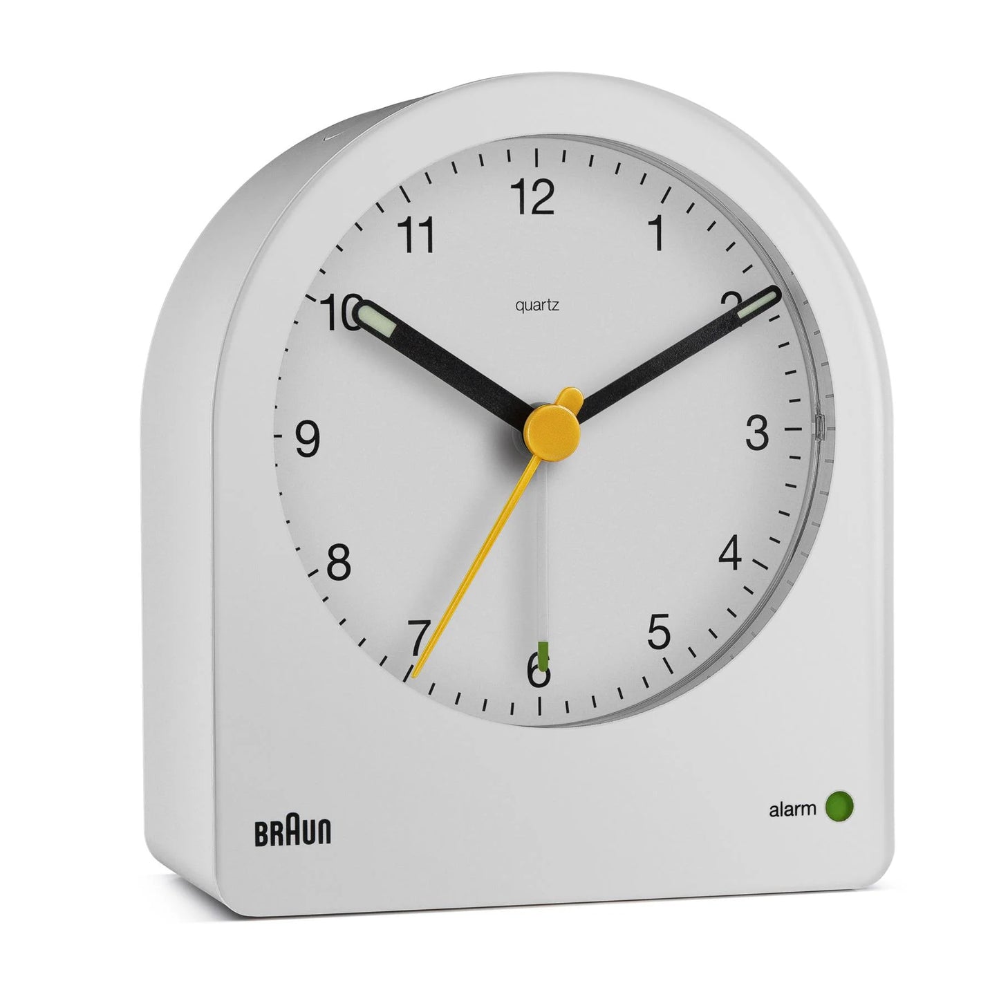 The Ameico Braun BC22W Alarm Clock features quartz movement, black hour/minute hands, a yellow second hand/center, and displays 10:08:33 with a green alarm indicator at the bottom right. White color.