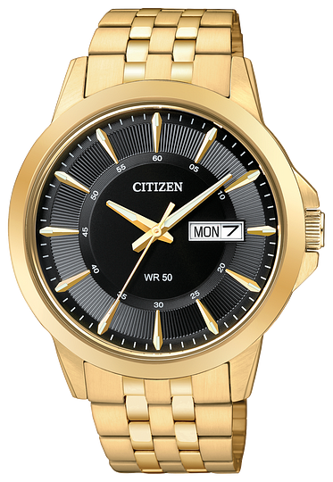 The Citizen Watch - Mens Quartz - BF2013-56E features a gold-tone case, black dial with gold hour markers, stainless steel bracelet, and displays WR 50, CITIZEN, day and date on the right side. Brand: Citizen.