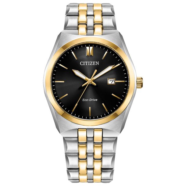 The Citizen Watch - Quartz - BF2018-52E features a 40mm round black dial with gold-tone hands and markers, date window, and a silver-and-gold two-tone band accented by a gold bezel for timeless elegance.