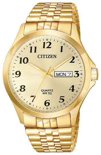 The Citizen Watch - Mens Quartz - BF5002-99P features a gold-tone stainless steel case, round dial with black Arabic numerals, three hands, day/date window on the right, and an expansion bracelet.