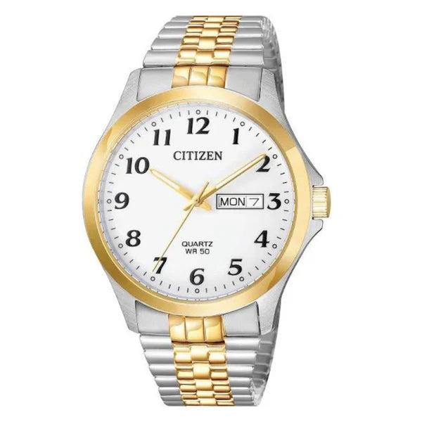 The Citizen Watch - Mens Quartz - BF5004-93A features a two-tone stainless steel band, white face with black numerals, gold hands, day-date display, and gold bezel. Labeled QUARTZ WR 50 for style and reliability.