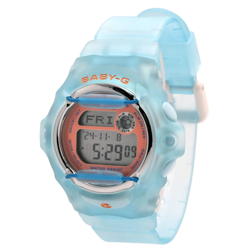 The VLC Distribution Co. Casio G-Shock Watch - BABY-G BG169R-2C is a translucent blue digital watch with orange accents, water resistance, and displays Friday, November 24th, 5:29:09—combining style and classic dive watch durability.