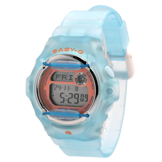 The VLC Distribution Co. Casio G-Shock Watch - BABY-G BG169R-2C is a translucent blue digital watch with orange accents, water resistance, and displays Friday, November 24th, 5:29:09—combining style and classic dive watch durability.
