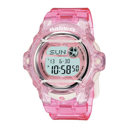 The Casio G-Shock Watch - BABY-G - BG169R-4 by VLC Distribution Co. features a translucent pink strap and casing, white and silver details, digital display showing SUN, 7-13, 10:58:50, and 200-meter water resistance for durability.