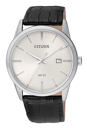 The Citizen Quartz Watch - Mens Quartz - BI5000-01A features a white dial with minimalist markers, date at 3 o'clock, "WR 50" water resistance, and a black textured leather strap. Brand: Citizen.