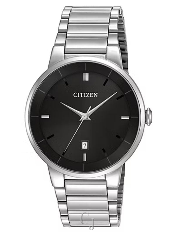 The Citizen Watch - Quartz - BI5010-59E features a stainless steel case, black dial, minimal hour markers, silver hands, date at 6 o’clock, a metal link band, and quartz movement for a simple, elegant look.