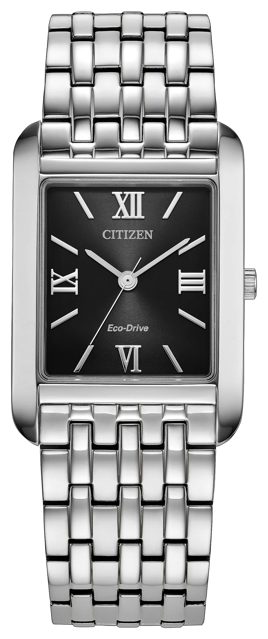 The Citizen Addysen (BJ6570-50E) by Citizen is an elegant Eco-Drive dress watch featuring a rectangular black face with silver Roman numerals and a stainless steel link band. The display shows the time as 10:09:37.