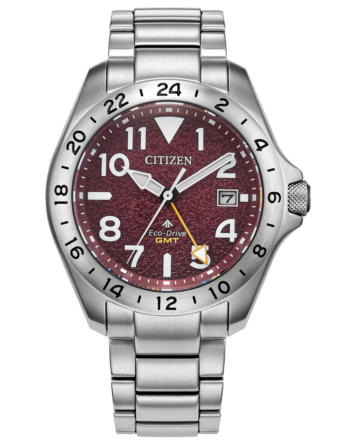 The Citizen Promaster Land BJ7150-50W features a stainless steel band and case, maroon textured dial with white numerals, date window at 3 o'clock, and four hands including a yellow GMT hand.