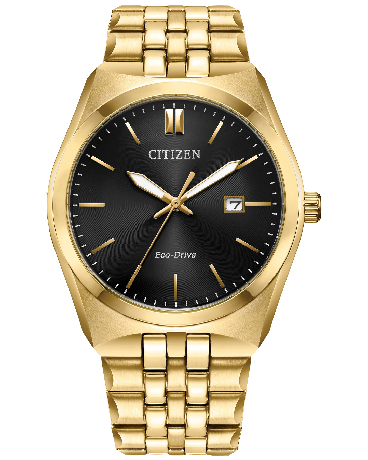 The Citizen Watch - Corso - BM7333-85E features a gold-tone stainless steel case, black dial, gold markers and hands, date display at 3 o’clock, and a stylish gold metal link bracelet.