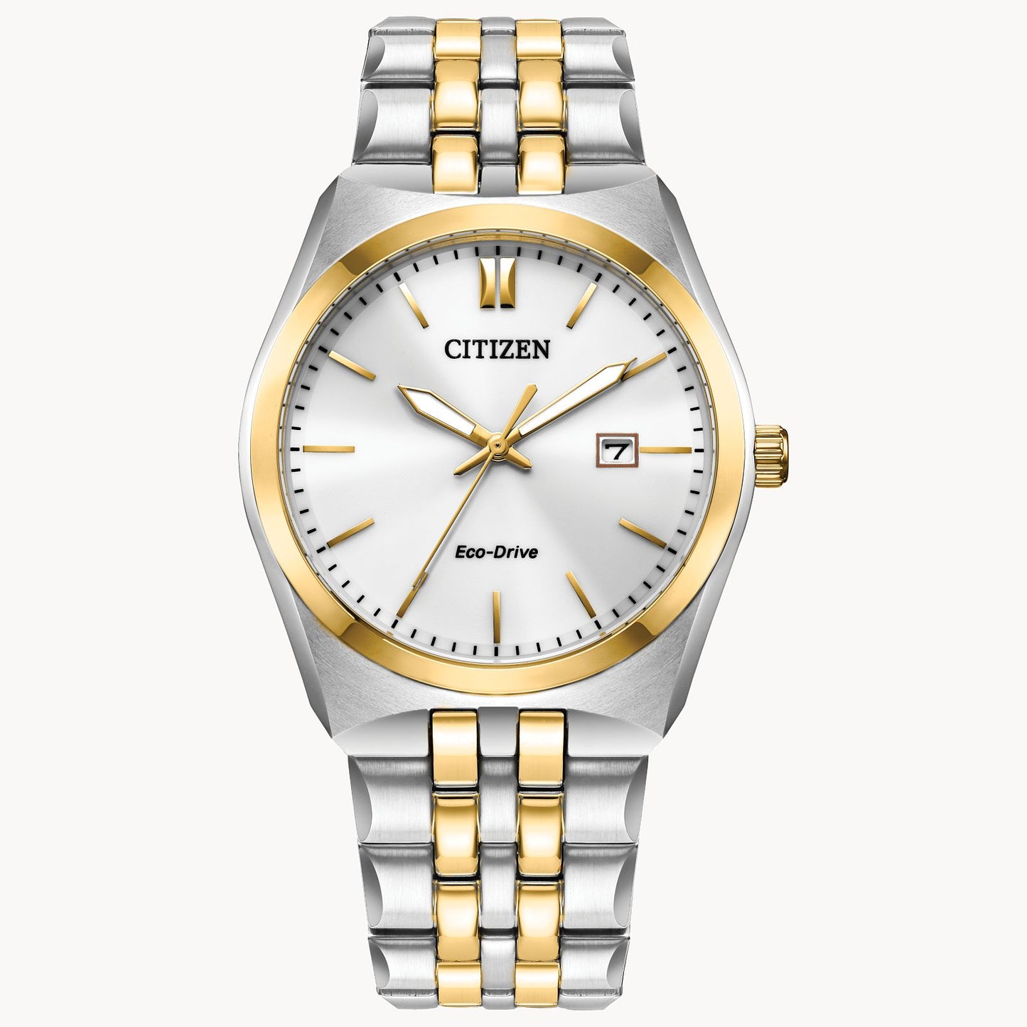 The Citizen Corso BM7334-58B menโs Eco-Drive watch features a white dial, gold markers, date at 3 oโclock, and a stainless steel bracelet with silver and gold-tone accents.