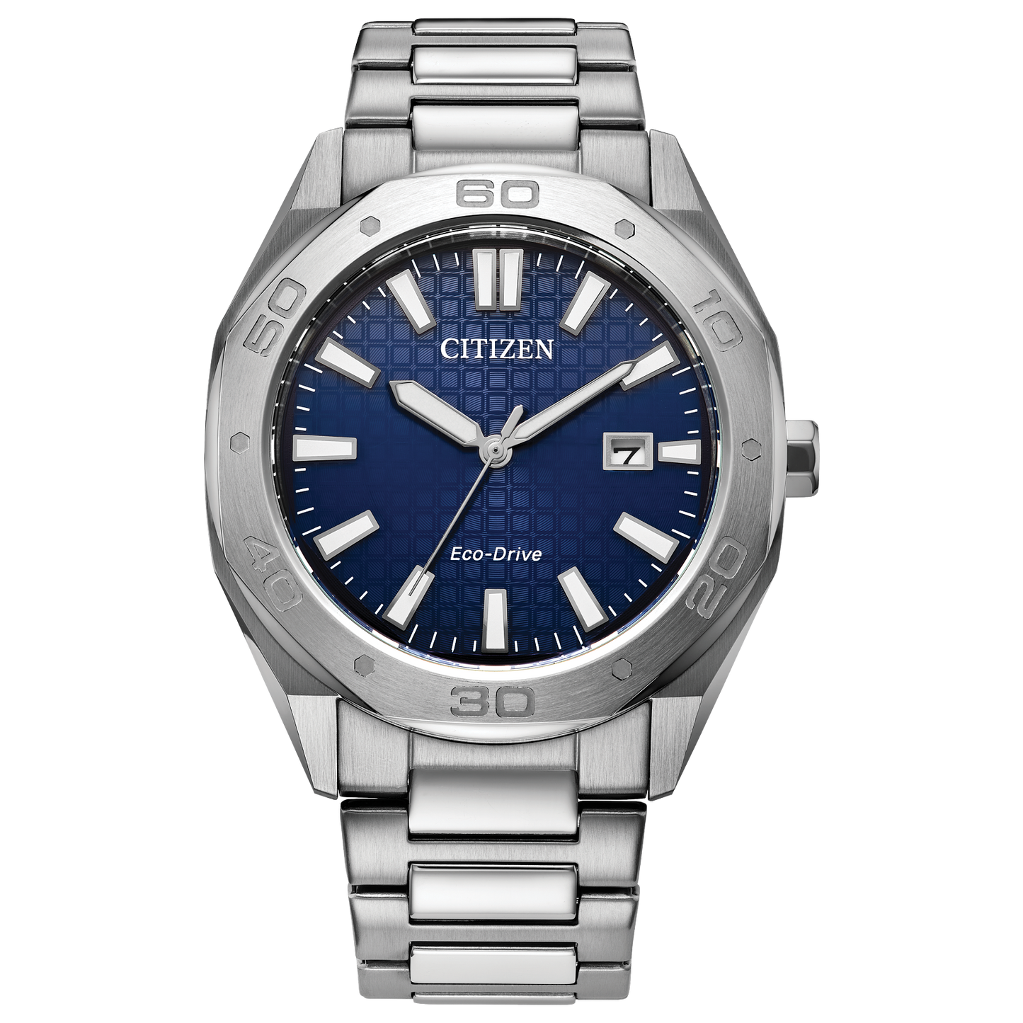 The Citizen Watch - Odyn Weekender Sport (BM7630-80L) features a blue textured dial, silver hour markers and hands, date window at 3 o’clock, and a stainless steel link band.