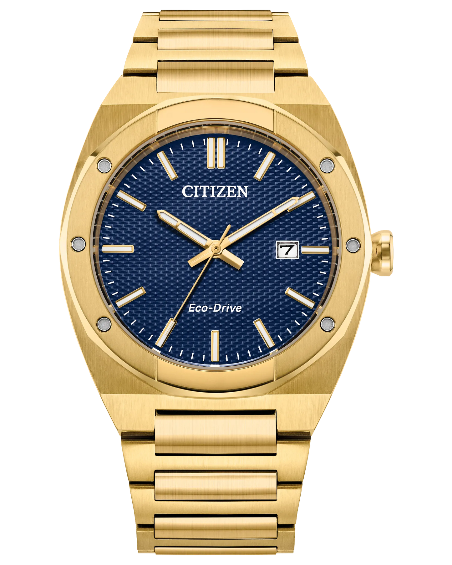 The Citizen Watch - Sport Luxury - BM7662-59L by Citizen features a gold-tone case and band, blue textured dial, gold hour markers and hands, date window at 3 o’clock, offering timeless Sport Luxury style.
